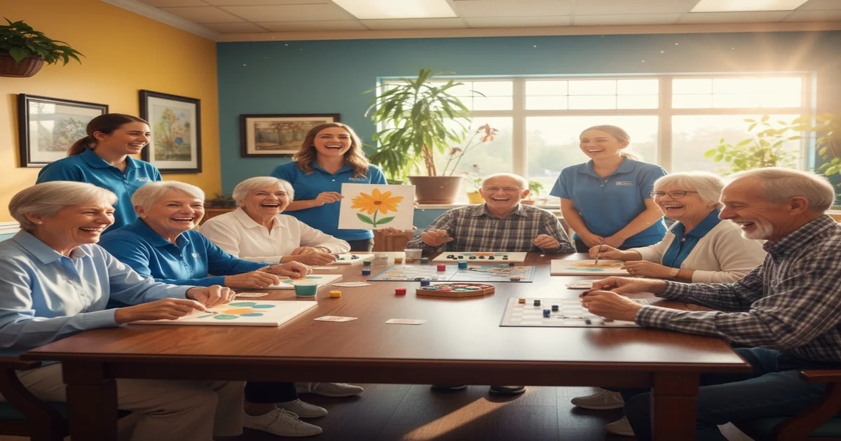 Seniors participating in a group art activity at an adult day care center