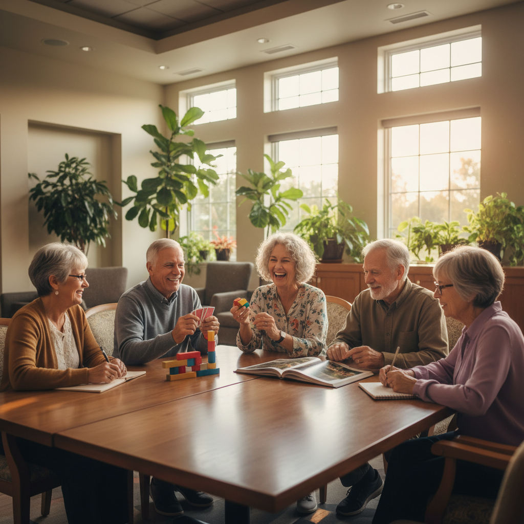 Older adults socializing at a bright adult day care center