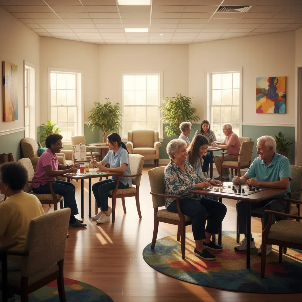 Diverse senior adults engaged in activities at welcoming adult day care center