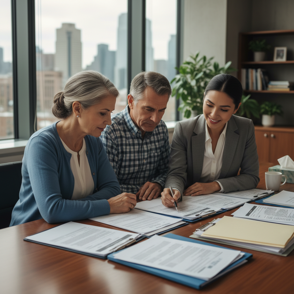 Senior couple reviewing Medicaid coverage options with social worker